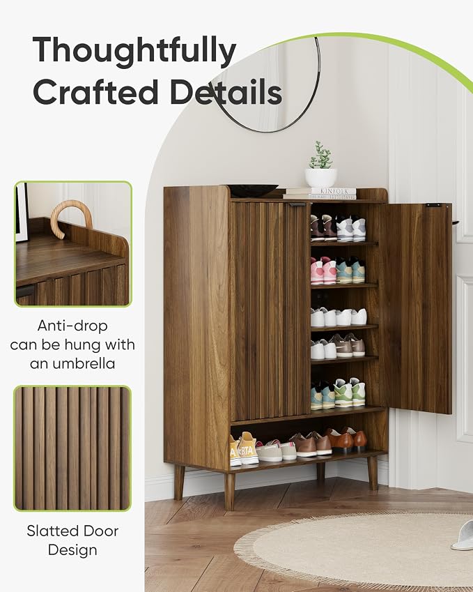 Smart FENDEE Large 6-Tier Shoe Storage Cabinet with Fluted 2 Doors, 44" Tall Freestanding Entryway Shoe Cabinet with Adjustable Shelves,(Walnut