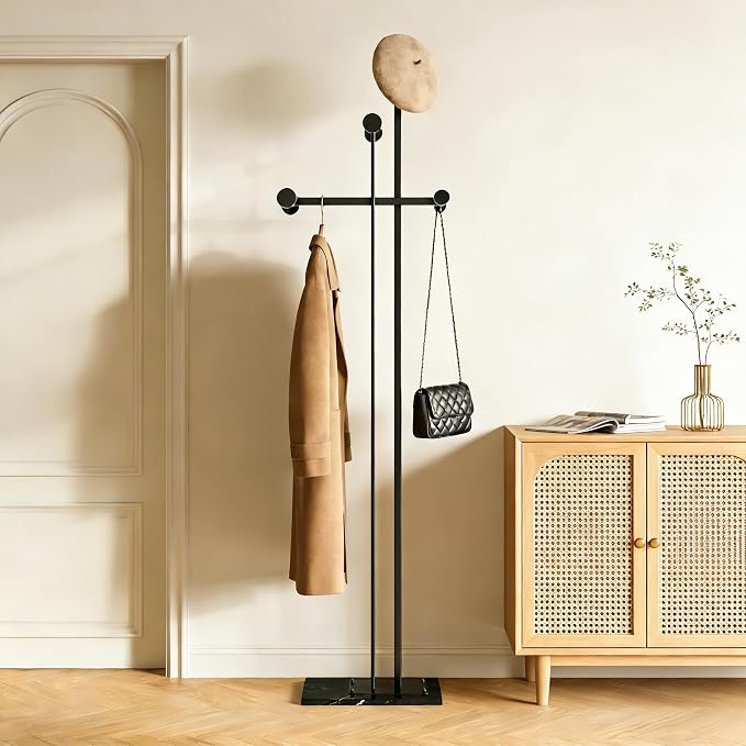 Metal Coat Rack Freestanding for Entryway (Black) | Heavy Duty, Marble Base, Metal Frame, Essential Items Organizer for Clothes Bags, for Bedroom Living Room Hotel