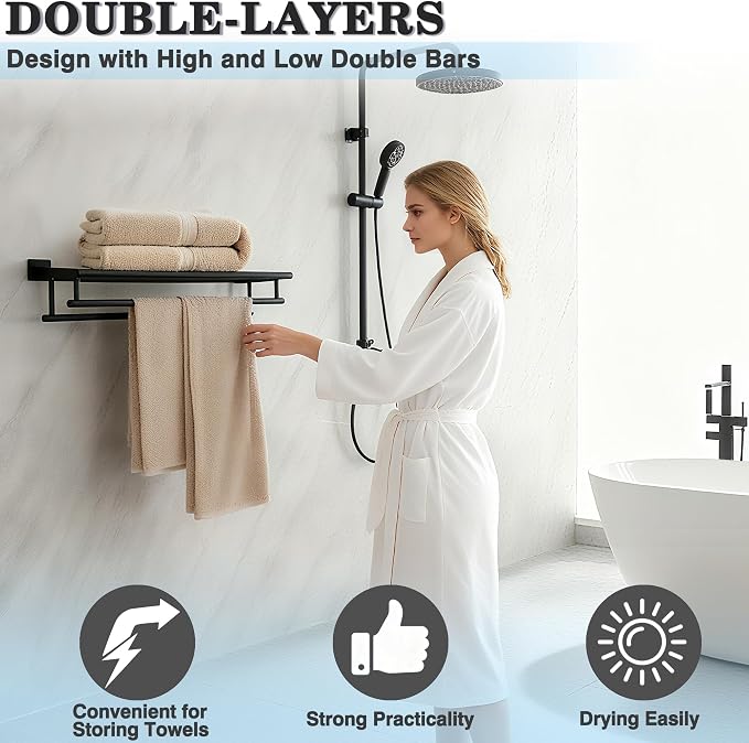 Alise Double Towel Rack for Bathroom Wall Mounted 16 Inch,Matte Black | Bathroom Tower Holder Towel Shelf with Double Towel Bars,SUS304 Stainless Steel Towel Rack with Shelf for Lavatory Kitchen