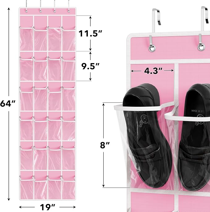 Simple Houseware 24 Pockets Clear Over the Door Shoe Organizer, Pink | 64" x 19", 4 Durable Metal Hooks, 4.3" x 9.5" Pocket Size, Multipurpose