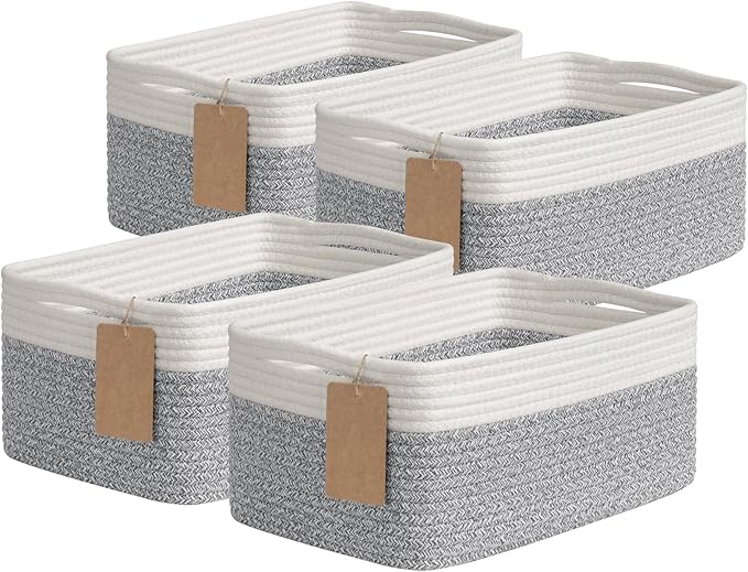 Goodpick 4 Pack Woven Storage Baskets with Handles, Gray & White | 13" x 8" x 6", Rectangle Design, Shelf & Closet Organization, Nursery Essentials, Baby Toys, Books & Home Storage