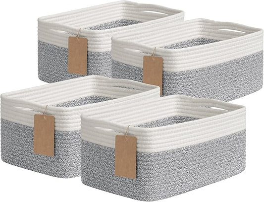 Goodpick 4 Pack Woven Storage Baskets with Handles, Gray & White | 13" x 8" x 6", Rectangle Design, Shelf & Closet Organization, Nursery Essentials, Baby Toys, Books & Home Storage