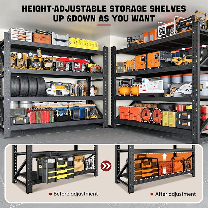 RAVIGIN 3000LBS Storage Shelves, 48" W Garage Shelving Heavy Duty Metal Adjustable Garage Shelves, Shelving Units Industrial Shelving for Warehouse, 48" W x 23.7" D x 70" H, Black