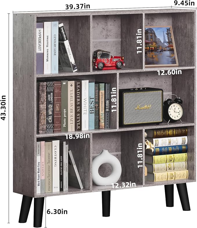 LEYAOYAO 8 Cube Bookshelf,Mid-Century Modern Bookcase with Legs,Dirty Grey | 3 Tier Book Shelf,Rustic Wood Bookshelves Freestanding Large Storage Organizer, Open Shelves for Bedroom, Living Room, Office