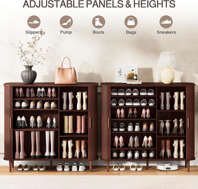 DHH Shoe Storage Cabinet with Sliding Door, 6-Tier Shoe Cabinet with Adjustable Shelves, Modern Freestanding Shoe Storage Organizer for Entryway, Hallway, Living Room (Walnut, 47 ")