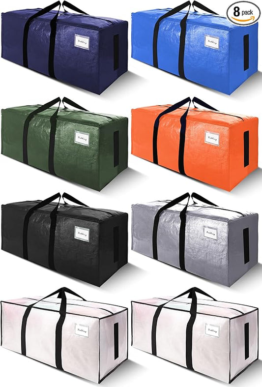 SWEET DOLPHIN 8 Pack 200LB Heavy-Duty Moving Bags with Wrap-Around Handles, Extra Large Storage Totes for Space Saving, Clothes Storage Bags, College Dorm Essentials, Multicolor, 24 Gal