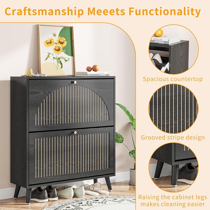Fsbecl Shoe Storage Cabinet for Entryway with 2 Flip Drawers, Narrow Wood Shoe Cabinet with Fluted Panel, Freestanding Hidden Shoe Organizer for Hallway