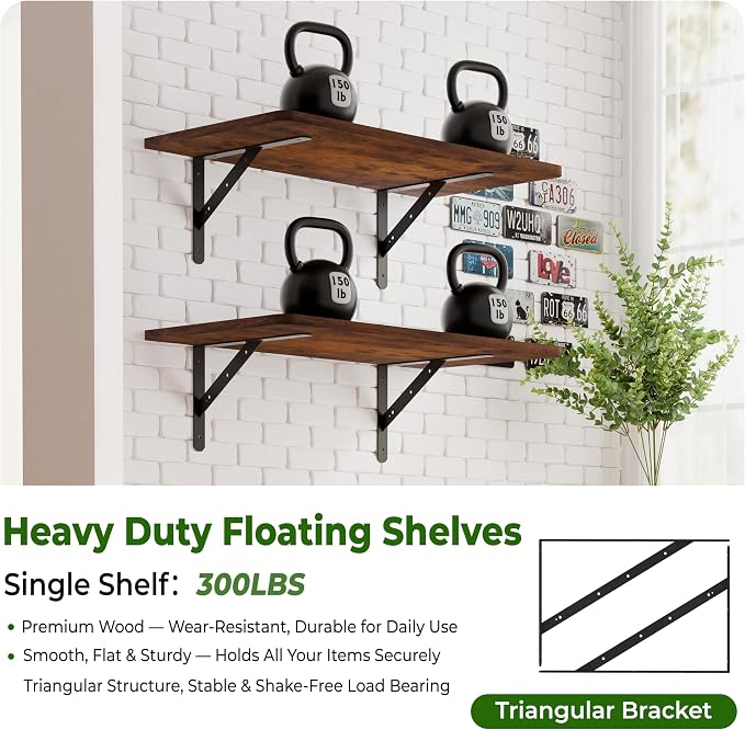 Dogsky 2-Pack Garage Storage Shelving Wall Mounted, 3x2Ft (36x24In) Heavy Duty Wood Floating Wall Shelf, 300lbs Capacity Shelves for Garage, Closets, Utility Rooms and Kitchens, Burn Yellow