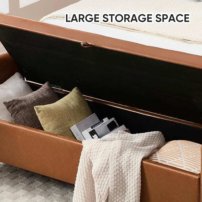 65" End of Bed Storage Bench, Leather Storage Bench for Bedroom with Tufted Button Upholstered and Gold Legs, Ottoman Bedroom Benches with Armrests for Living Room Window, Brown