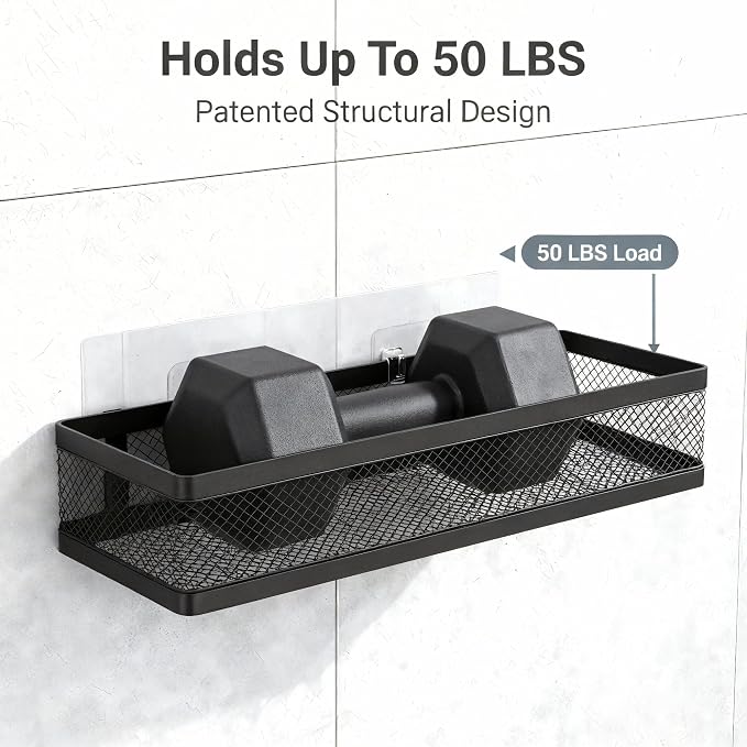 PUSDON 16.5-Inch Extra Long Slim Mesh Shower Caddy, Wall Mounted Bathroom Organizer with Adhesive, Heavy Duty Rustproof Shelf for Narrow Kitchen Pantry & RV, Holds 50 LBS 2-Pack - Matte Black Netting