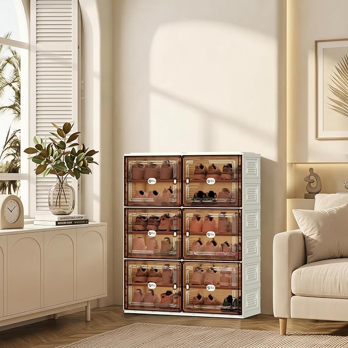 Foldable Shoe Cabinet with Magnetic Clear Doors, Wide Design Shoe Rack for Entryway, Portable Shoe Organizer Meeting Diverse Storage Needs (White, 2Row 6Tier)