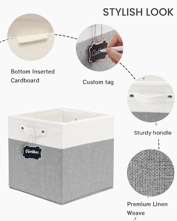 FinishingBo 13 inch Cube Storage Bins with Handles 4 Pack | Foldable Linen Storage Baskets, Closet Organizers, Shelf Baskets, White Grey