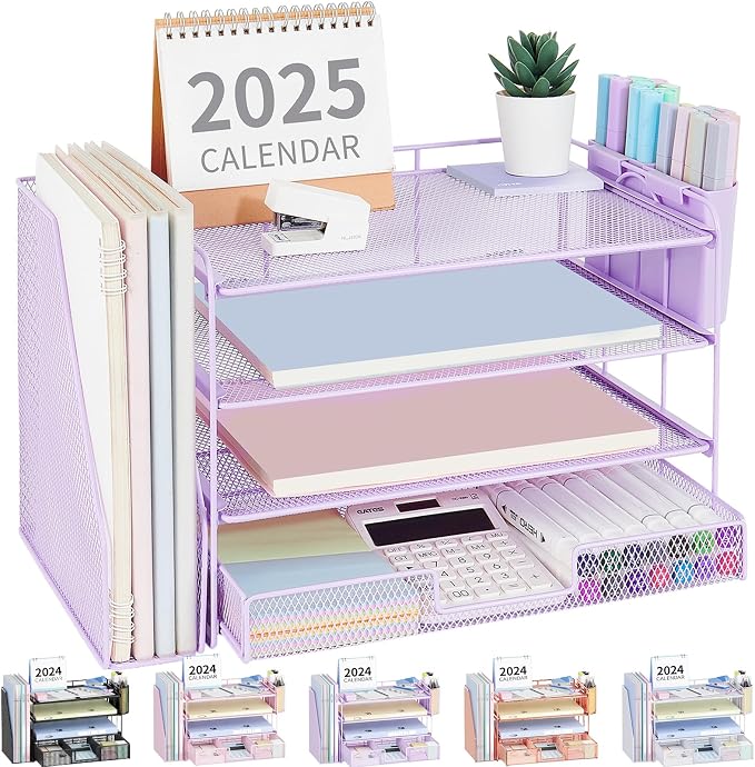 OPNICE Desk Organizer, 4-Tier Desktop File Organizer with Drawer and Pen Holders, Office Desk Accessories, File Sorters, Workspace Organizers for Office Supplies(Purple)