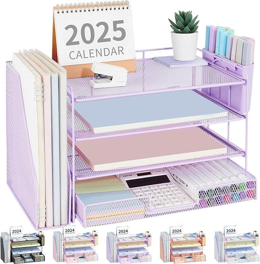 OPNICE Desk Organizer, 4-Tier Desktop File Organizer with Drawer and Pen Holders, Office Desk Accessories, File Sorters, Workspace Organizers for Office Supplies(Purple)