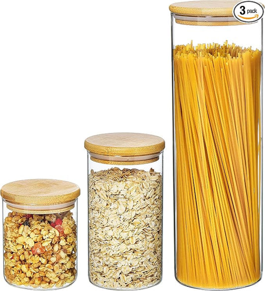 Vtopmart 74oz/27oz/20oz Glass Food Jars with Airtight Bamboo Lids, 3 Pack | Glass Pantry Storage Containers for Pasta, Nuts, Coffee Beans, Cereal, Canisters Set for Pantry Organization, BPA Free