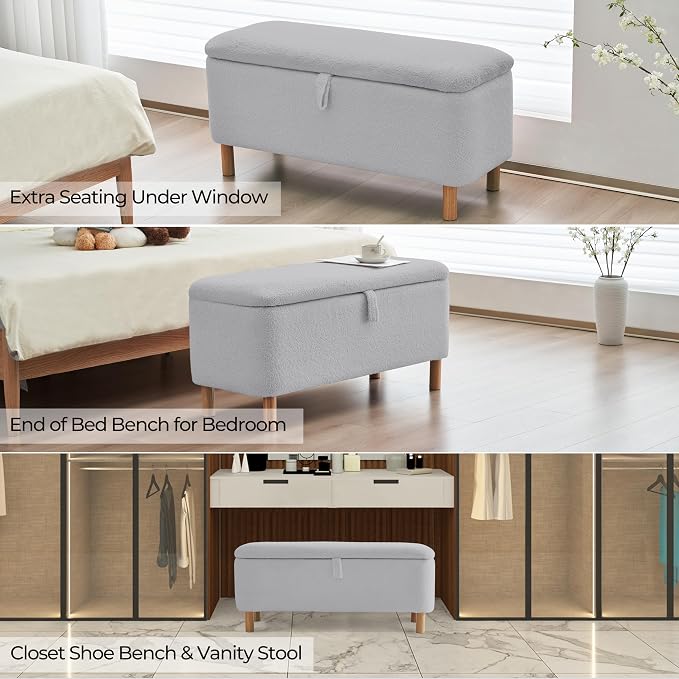 Boucle Storage Ottoman Bench for Bedroom end of Bed, Sherpa Upholstered Shoe Seat Storage Bench for Entryway Bed Foot, Rectangle Cushion Padded Blanket Chest Cute for Living Room, Grey