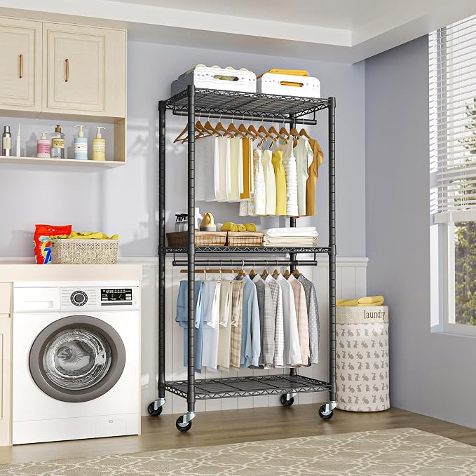 FUTASSI Heavy-Duty Portable Closet, 30"W x 14"D x 76"H, Black, Carbon Steel | Metal Rolling Clothing Rack, Closet System with Wheels and Shelves for Hanging Clothes, Portable Wardrobe Organizer Storage