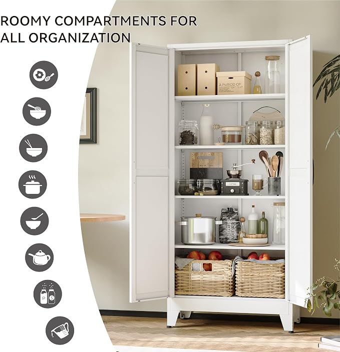 COFaR 71" White Farmhouse Pantry Cabinet with Doors and Adjustable Shelves | 5-tier kitchen pantry cabinet with square-panel doors and 4 adjustable shelves for laundry room, office or garage storage.