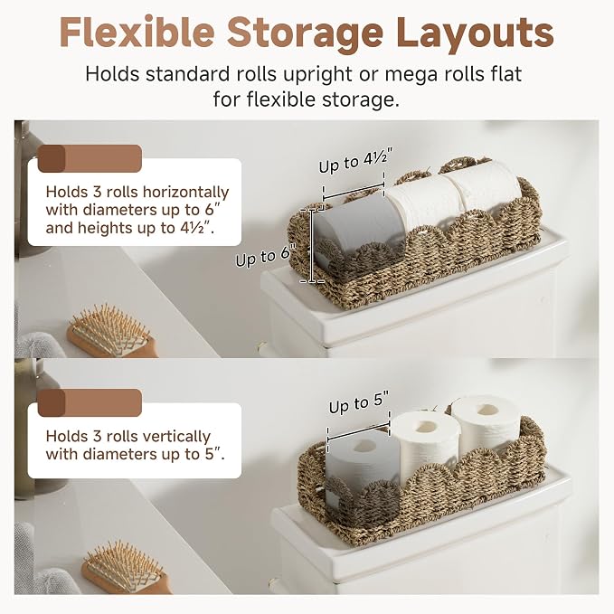 StorageWorks Wicker Scalloped Basket, Small Seagrass Baskets for Storage | Decorative Toilet Paper Basket with Handles for Countertops & Shelves, Back of Toilet Basket Tank Topper for Bathroom Decor