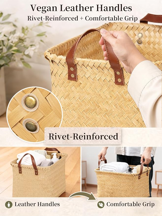 Wicker Storage Baskets, 4 Pack Woven Baskets for Shelves, Yellow | PP Rattan, Water-resistant Wicker Basket, Large Baskets with Faux Leather Handles for Blanket, Laundry Organizer, Room Decor
