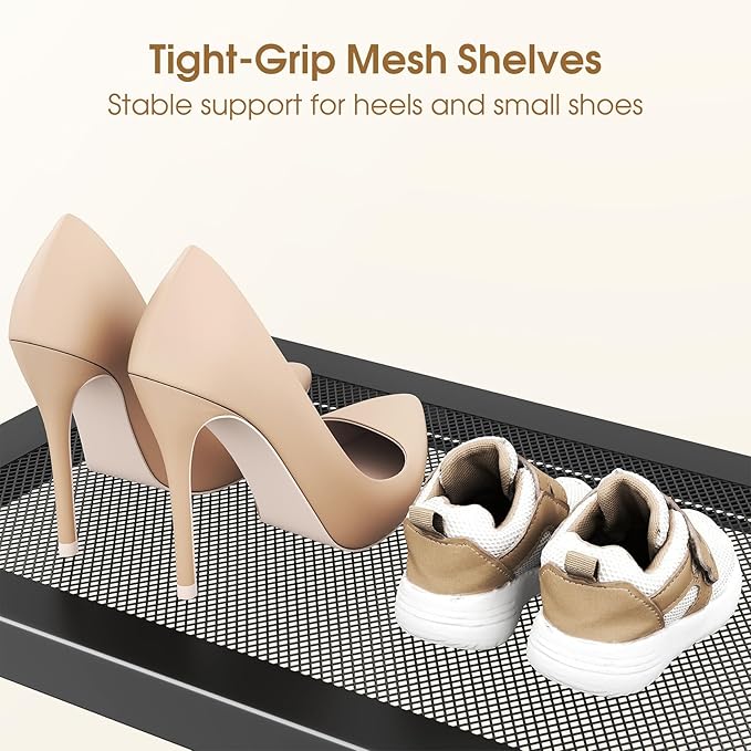 SAYZH Expandable Shoe Rack for Closet, Adjustable Metal Shoe Organizer with Sturdy Mesh Shelves for Boots & Heels, Stackable Shoe Storage for Entryway, Garage, Small Spaces (Black, 2-Tier)