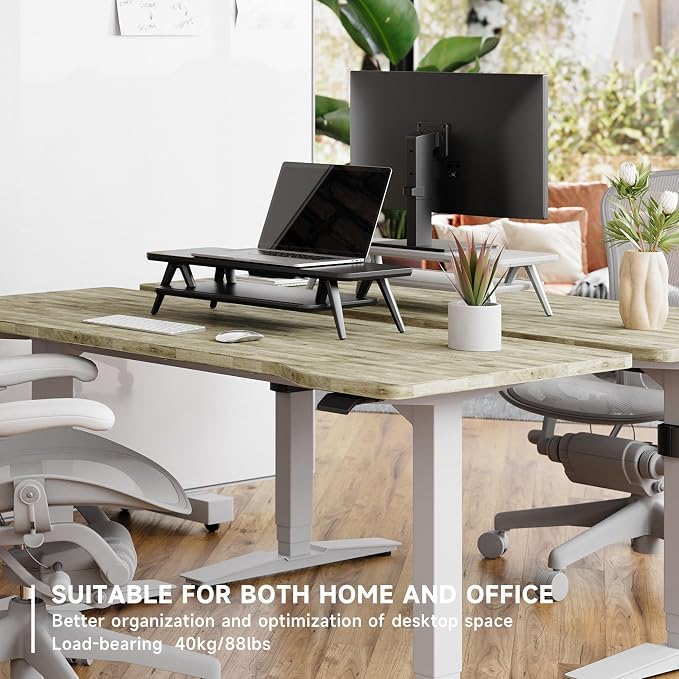 Fenge Monitor Stand Riser, Wooden Desk Shelf with 2-Tier Storage | 23.6-Inch Wide, Sturdy Aluminum Legs, Built-In Phone & Tablet Slot, Desktop Organizer for Office Accessories