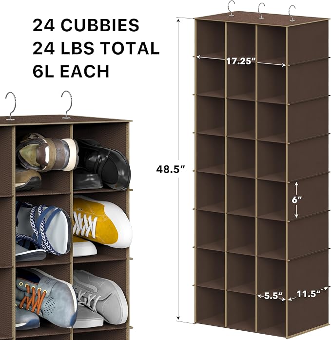 Simple Houseware 24 Section Shelves Hanging Shoes Organizer, Brown | 3 Metal Hooks, 8 Tier, Holds Up to 24 lbs