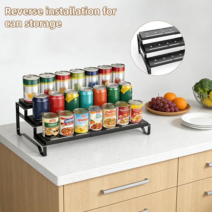 Expandable Spice Rack Organizer for Cabinet 3 Tier Spicy Shelf Black 2Pack | Adjustable Length 13"-21", Easy to See Labels, Sturdy Metal, Slip-Resistant Guardrails for Jars, Cabinet & Countertop Storage