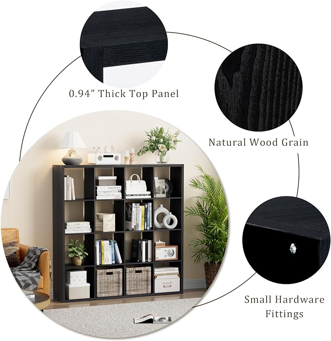 VDNEND Cube Storage Organizer Bookcase, Decorative 11 inch Open Back Cubical Shelf with Thickened Border, Display Bookshelf for Living Room, Home Office, Sturdy Room (Black, 16 Cube)