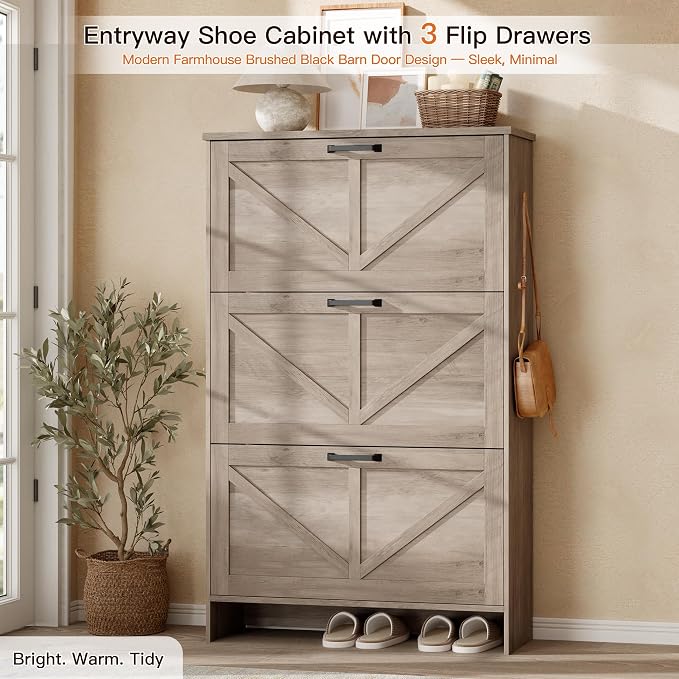 Shoe Cabinet for Entryway, 3 Flip Drawers Shoe Storage Cabinet with 3-Tier Adjustable Shelves, Ultra Slim Freestanding Hidden Shoe Organizer with Barn Door Design, Dove Gray