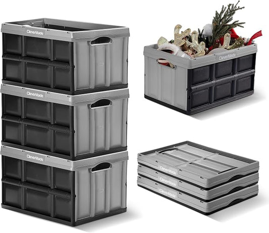 CleverMade Collapsible Storage Bins, 46L, 3 Pack, Stone | Each bin supports 75 lb for groceries, tools, or gear. Interlocking bases stack securely, and the bins fold to 2.75 inches.