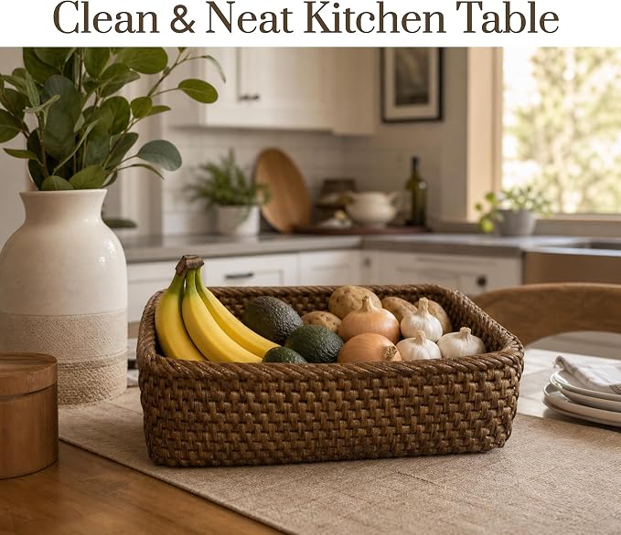 Yangqihome Natural Rattan Storage Baskets, Rectangular Woven Fruit Baskets, Decorative Wicker Basket and Small Baskets for Organizing,Set of 3, (Brown)