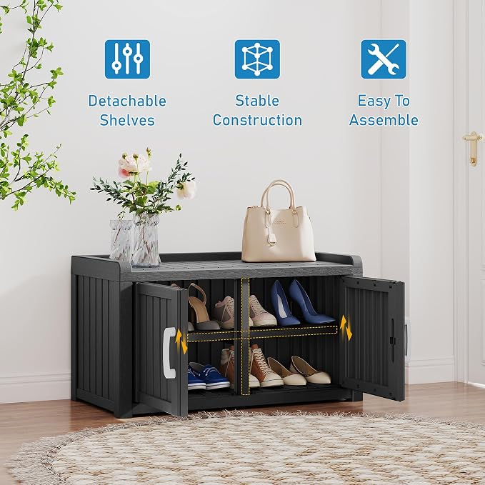 Outdoor Shoe Storage Cabinet, Waterproof UV-Resistant Entryway Storage Bench Indoor Outdoor with 2 Barn Doors, Adjustable Shelves for Entryway, Bedroom, Hallway,Living Room(Classic Black)