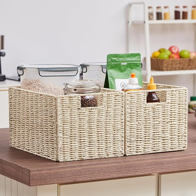 Vagusicc Wicker Storage Basket, Set of 2 Hand-Woven Paper Rope Wicker Basket, Small Storage Baskets for Organizing Toilet Paper Baskets, Foldable Large Cube Storage Organizer Bin for Shelves (Beige)