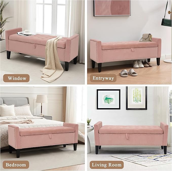 Velvet Ottoman with Storage, 46'' Upholstered Button Tufted End of Bed Bench with Arms, Modern Storage Bench for Living Room, Bedroom, Entryway, Pink