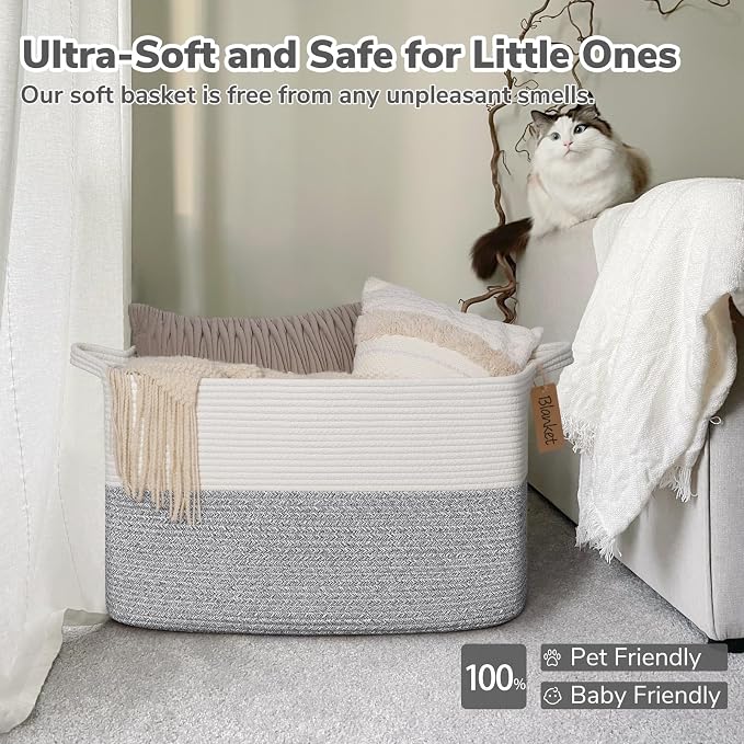 Goodpick Extra Large Woven Rope Storage Basket, Rectangle, Light Gray | 75L, 22 × 17 × 12 in, Cotton Rope, Reinforced Handles, Blankets, Pillows & Clothes Storage, Blankets & Living Room Decor