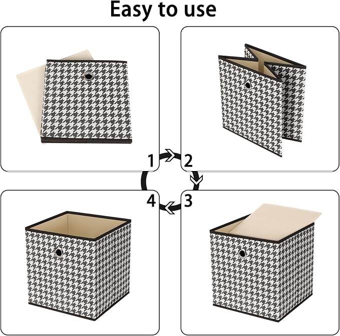 Foldable Storage Cubes Bins,11 Inch Cloth Storage Cube Fabric Storage Box Cubes Organizer Baskets with Dual Handles for Home Organizer Set of 3 (Houndstooth)