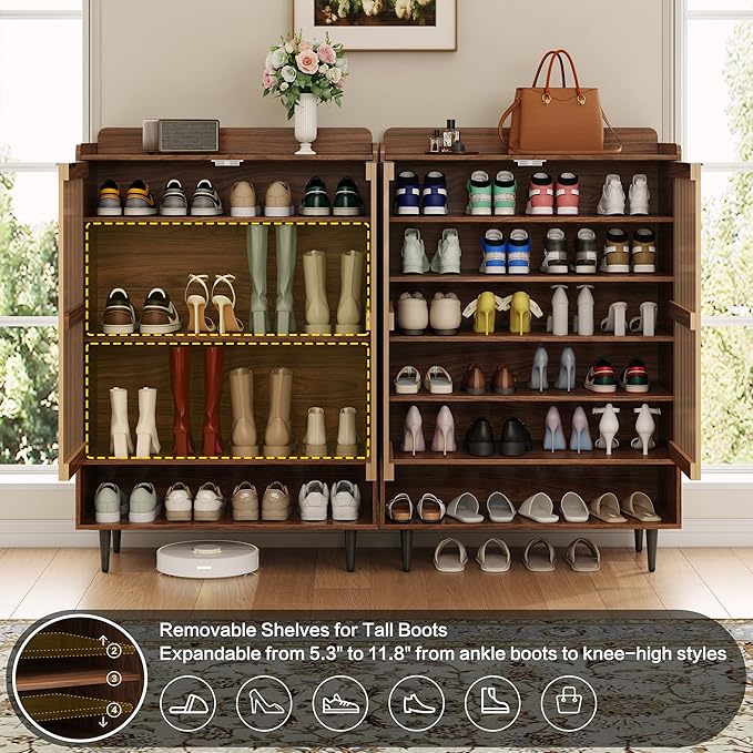 Shoe Cabinet with 2 Doors for Entryway, 21 Pairs Wooden Shoe Storage Cabinet with Adjustable Shelves, Farmhouse Hidden Shoe Organizer for Hallway & Mudroom, Slim Freestanding Shoe Cabinet, Walnut