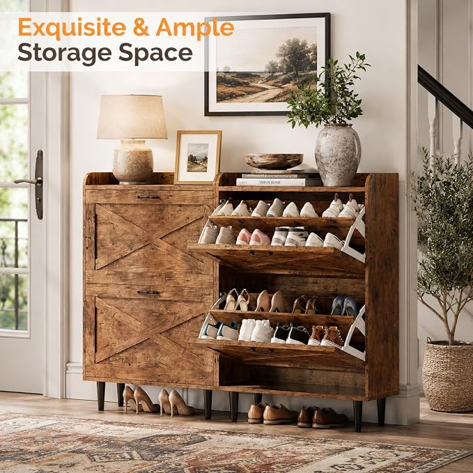 VINGLI Shoe Storage Cabinet for Entryway with 2 Flip Drawers, Ultra Slim Freestanding Entryway Shoe Organizer with Wood Tapered Legs,Hidden Closed Shoe Rack,31.6" W * 9.4" D * 39.4" H, Rustic Brown