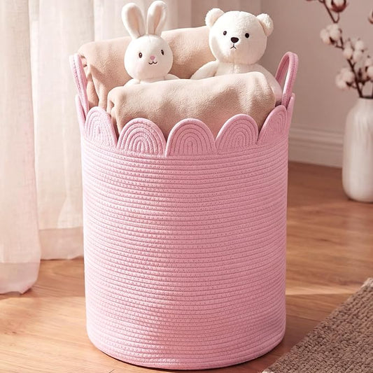 LemonRoad Pink Round Tall Basket Large Blanket Basket 15" x 20" Scalloped Woven Baskets Cotton Storage Baskets for Nursery Classroom Closet Blankets Storage Home Decor