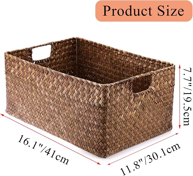 Hipiwe Seagrass Storage Baskets Bin for Shelf, X-Large Woven Wicker Basket | Rectangular Bathroom Baskets Organizer Built-in Handles, Multipurpose Storage Basket Bin, 16.1"L x11.8"W x7.7"H