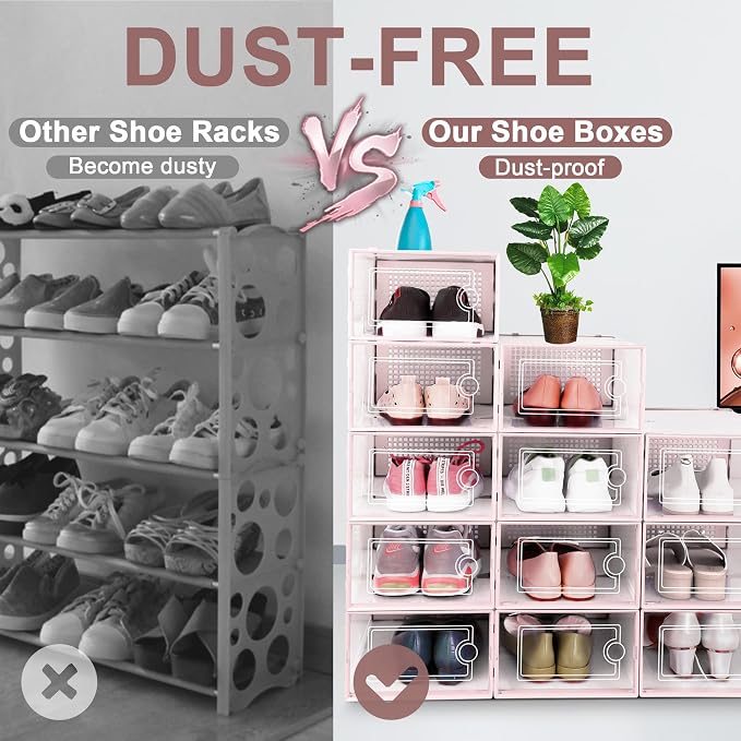 Kuject Shoe Organizers Storage Boxes for Closet, 12 Pack Clear Plastic Stackable Storage Bins with Lids, Under Bed Shoe Containers for Entryway, Drop Front, Fit up to Women's Size 10,Pink | Shoe organizers for closet & entryway, under-bed,Drop-front de...