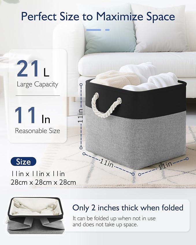 Patvingot 11-Inch Fabric Cube Storage Bins with Handles,6 Pack,Foldable | For cube shelves and closets,keeps grouped for everyday access,reinforced opening and fold-flat storage,dark and gray