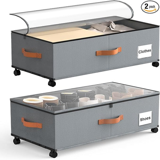 Eastherry Under Bed Storage Containers with Wheels, 9.5 inches Higher Underbed Shoes Blankets Clothes Toy Storage Drawers for College Dorms Bedrooms Nursery Rooms Organization, 2 Pack to be Assembled