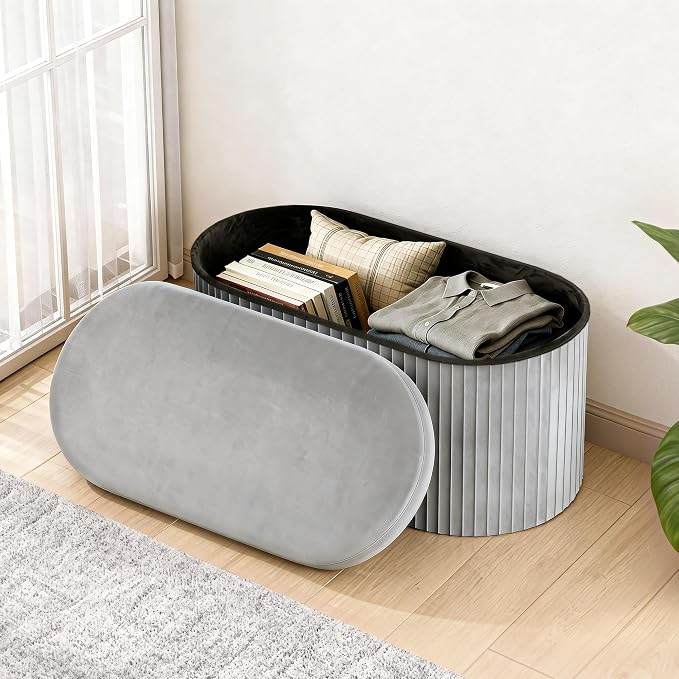 GLAXYFUR Folding Ottoman with Storage, Oval Velvet Storage Bench, Grey | Upholstered Foot Rest, 30 x 15 x 15 Inches Storage Chest for Bedroom, Living Room & Entryway