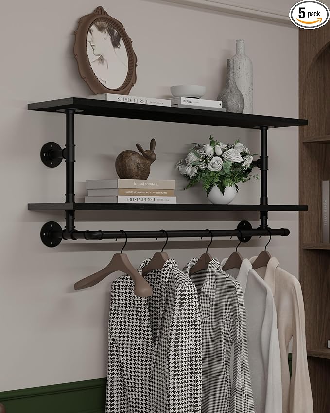Black Clothes Rack 42in, 2-Tier Wall Mounted Garment Rack with Real Wood Shelf, Heavy Duty Hanging Clothes Rack, Multi-Purpose Hanging Rod, Space-Saving Closet Storage