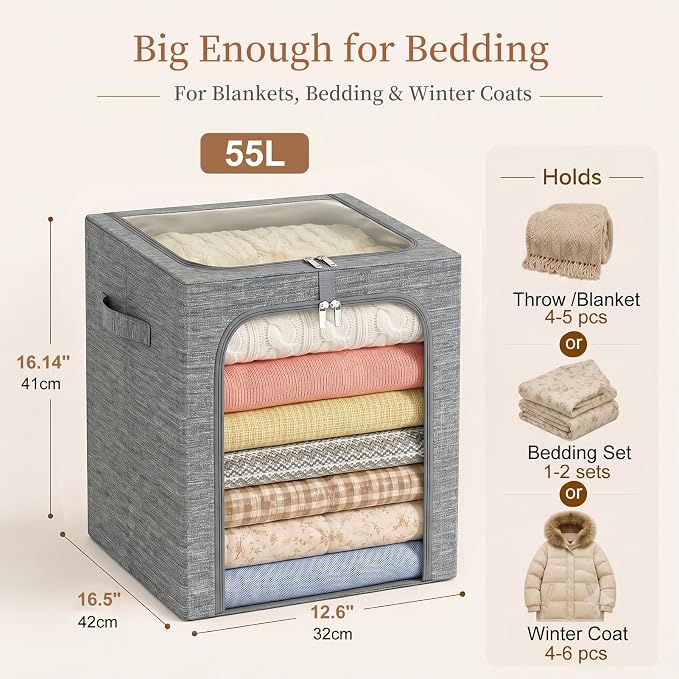 GoMaihe Blanket Storage Bins with Metal Frame for Closet, 55L 6-Pack Grey | Clothing Bedding Winter Coat Comforters , Closet Top Shelf, Collapse-Proof Stackable, See Through, Dual Access Space Saving