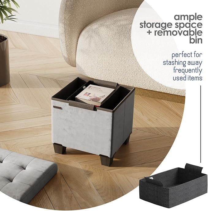 Storage Ottoman Cube with Small Bin, 15-in Square Ottoman with Storage for Living Room and Bedroom, Small Ottomans Foot Rest, Velvet Foot Stools Ottomans Max 330lbs, Light Grey