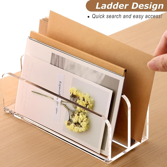 SANRUI Acrylic Mail Sorter Desktop Organizer Holder, 2 Compartments Clear | Small File Script Letter Office Document Storage for Desk Bill Filling Envelope Holder Office, Home, School Desk Organization