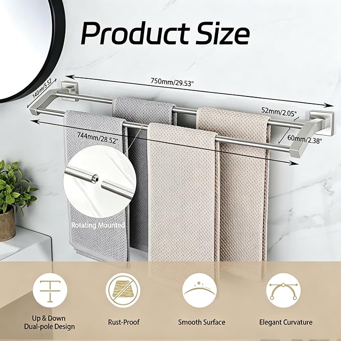 Alise Double Towel Bar, 32" Towel Rack for Bathroom Wall, Brushed Nickel | SUS304 Stainless Steel Bathroom Towel Holder, Quick Drying Towel Hanger Towel Rod, Useable Length 30.8"